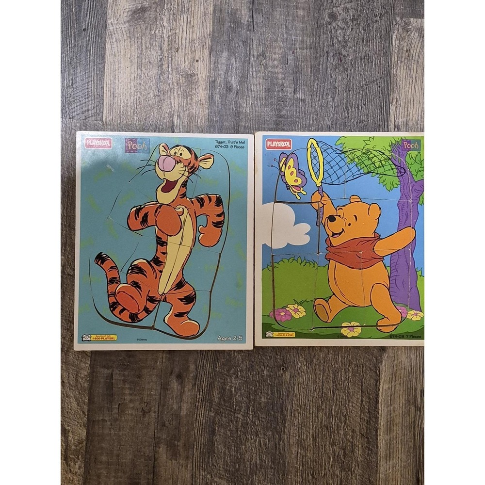 Vintage Playskool Wood Tray Puzzle Pooh #674-09 & Tigger That's Me #674-03